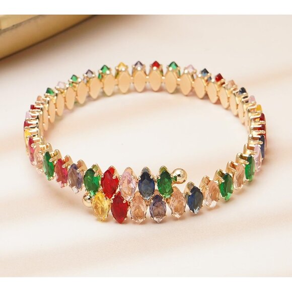 Gold Colorful Rhinestone Cuff Bracelet Cubic Zirconia Tennis Bracelets for Women - Picture 5 of 7